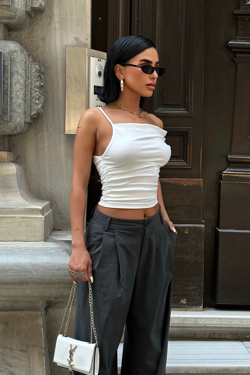 WFT8004 ASİMETRİK VOLANLI ESNEK CROP TOP - Ekru - Görsel 2