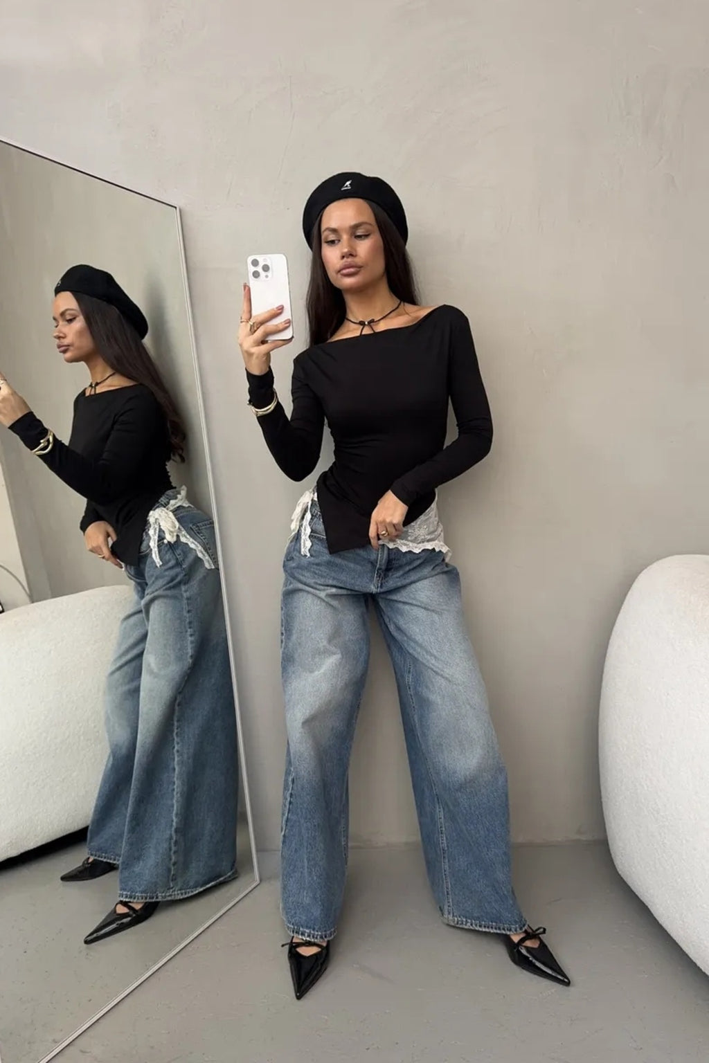 DOĞAL VİSKON KUMAŞ GENİŞ YAKA UZUN KOLLU ESNEK BLUZ WFT9265 - Siyah - Görsel 5