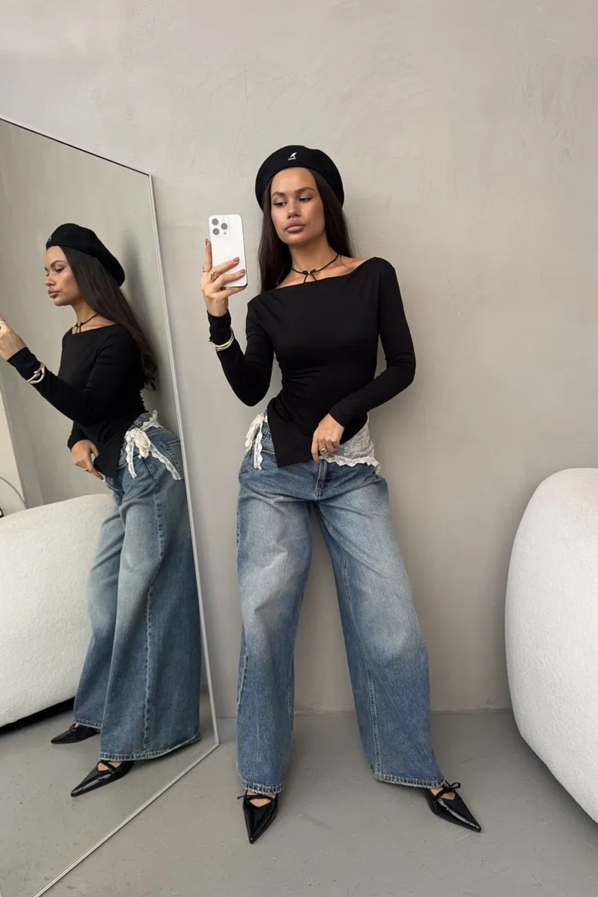 DOĞAL VİSKON KUMAŞ GENİŞ YAKA UZUN KOLLU ESNEK BLUZ WFT9265 - Siyah - Görsel 5