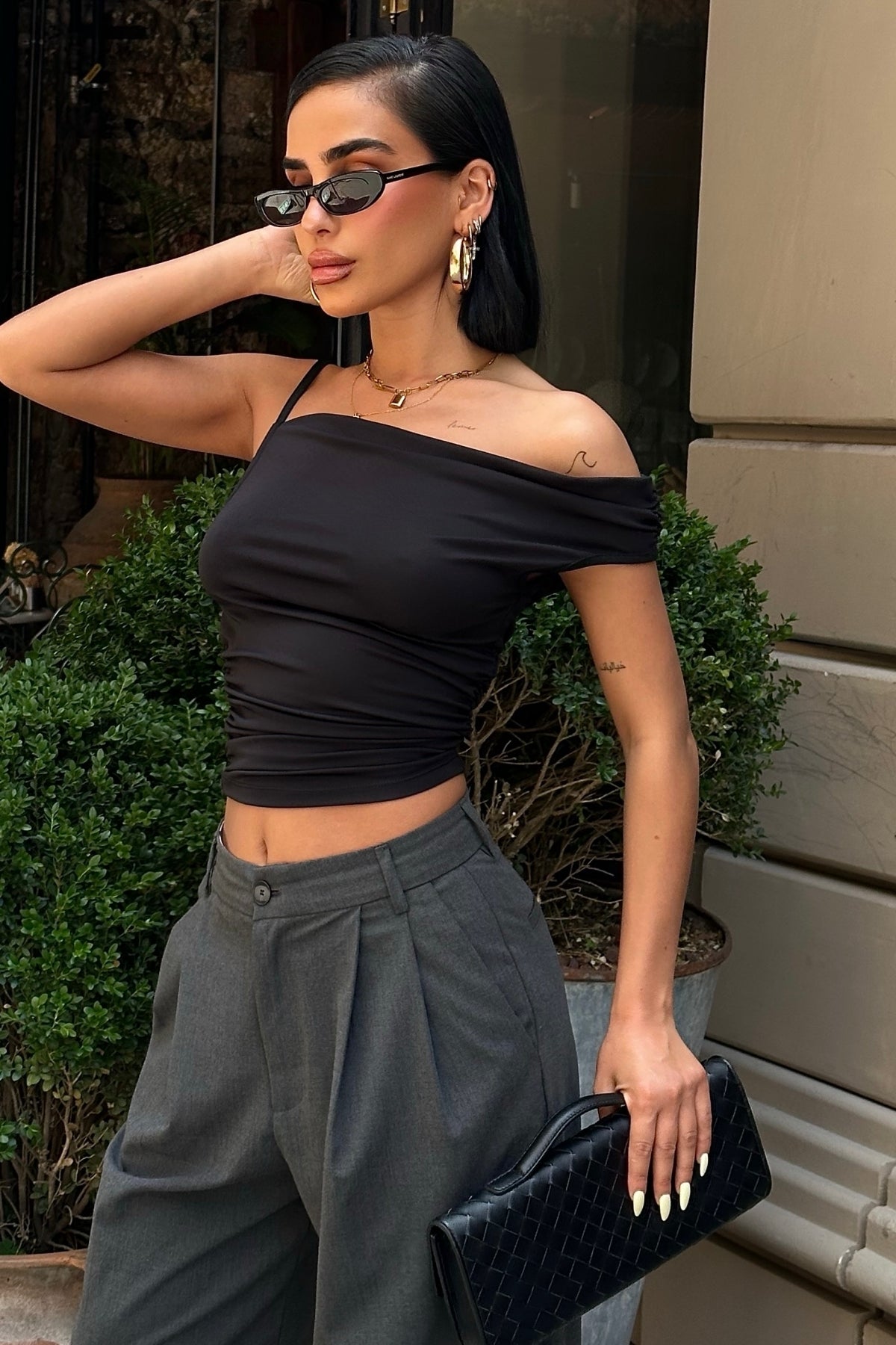 WFT8004 ASİMETRİK VOLANLI ESNEK CROP TOP - Siyah - Görsel 4