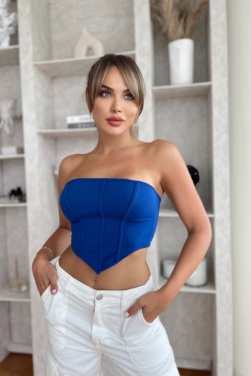 1820 Straplez Fermuar Detaylı Crop - Saks - Görsel 3