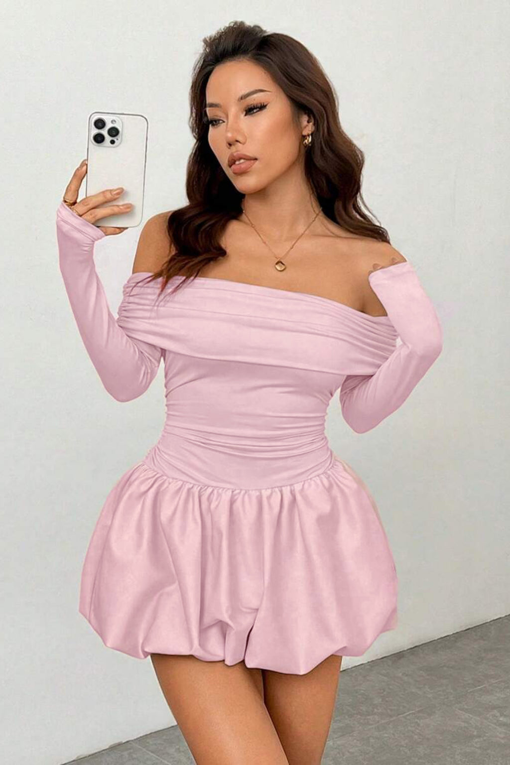 Madonna Yaka Balon Etek Mini Elbise - Pembe - Görsel 4