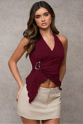 9100 Yanı Aksesuarlı Askılı Crop Bluz - Bordo - Görsel 1
