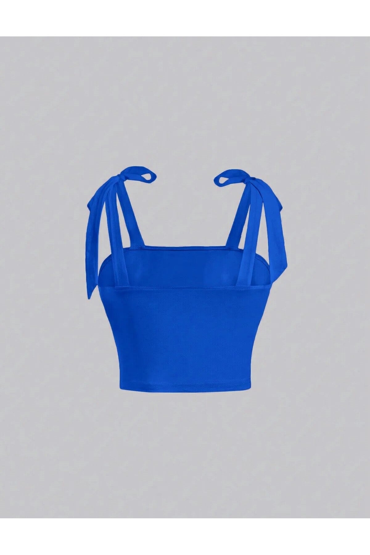 Saks Mavi Fiyonklu Yazlık Crop Top,Saks Mavi Fiyonklu Omuzdan Bağlamalı Yazlık Geniş Askılı Üst Bluz - Saks Mavi - Görsel 2