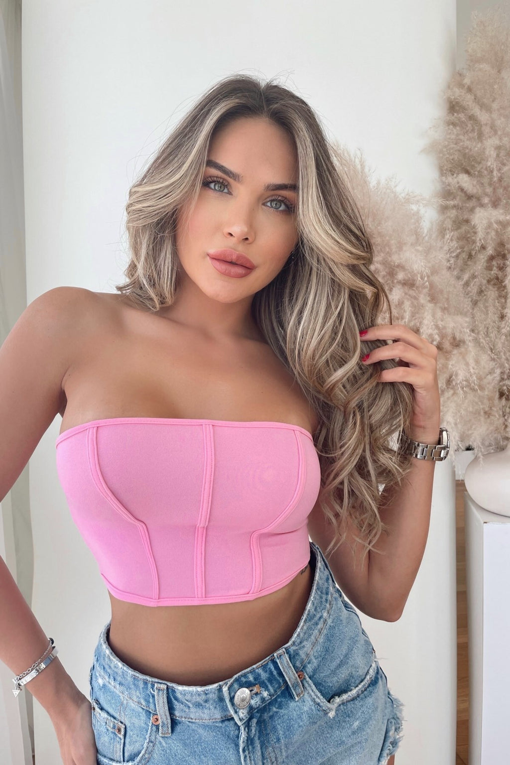 1732 Arkası Fermuarlı Crop Bluz - Pembe - Görsel 4