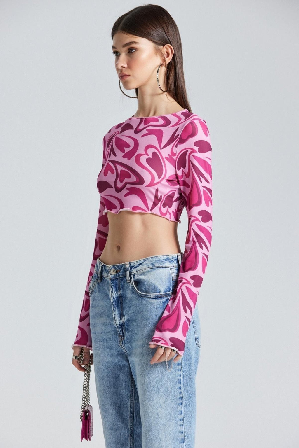 Kalp Desenli Pembe Crop - Pembe - Görsel 2