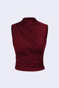 6071 Kolsuz Büzgülü Bordo Crop Bluz - Bordo - Görsel 1