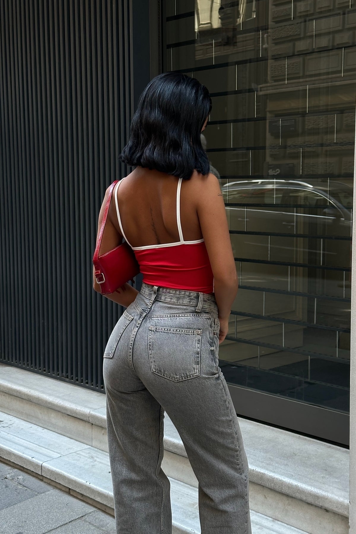 WFT4096 Askılı Kontrast Crop Bluz - KIRMIZI - Görsel 5