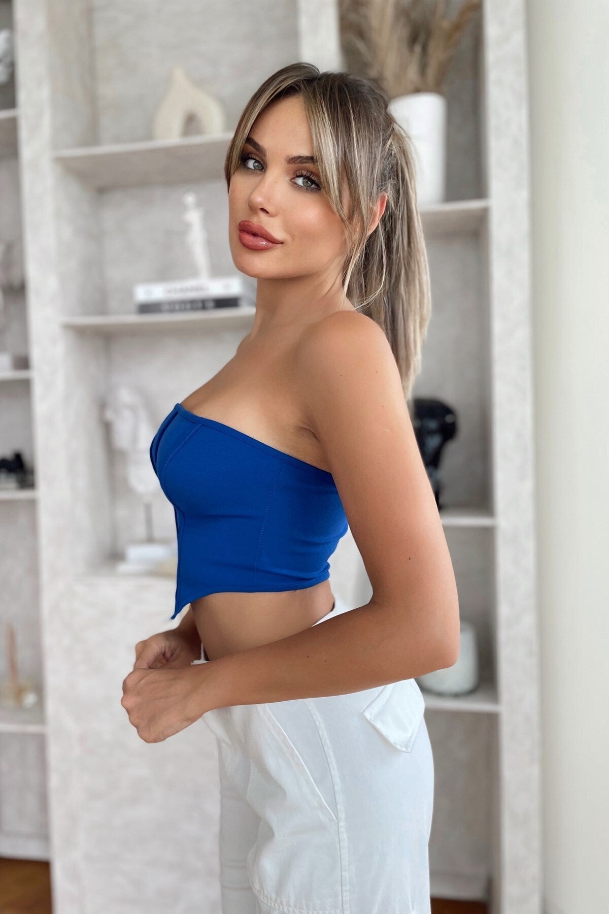 1820 Straplez Fermuar Detaylı Crop - Saks - Görsel 2