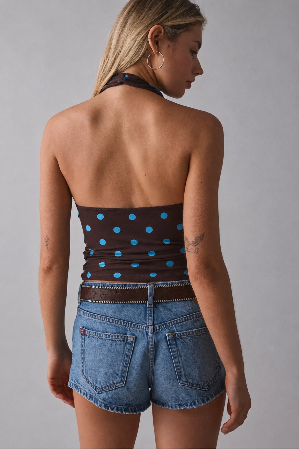 Degaje Yaka Crop Top Body - Kahve/Mavi - Görsel 3