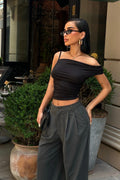 WFT8004 ASİMETRİK VOLANLI ESNEK CROP TOP - Siyah - Görsel 1