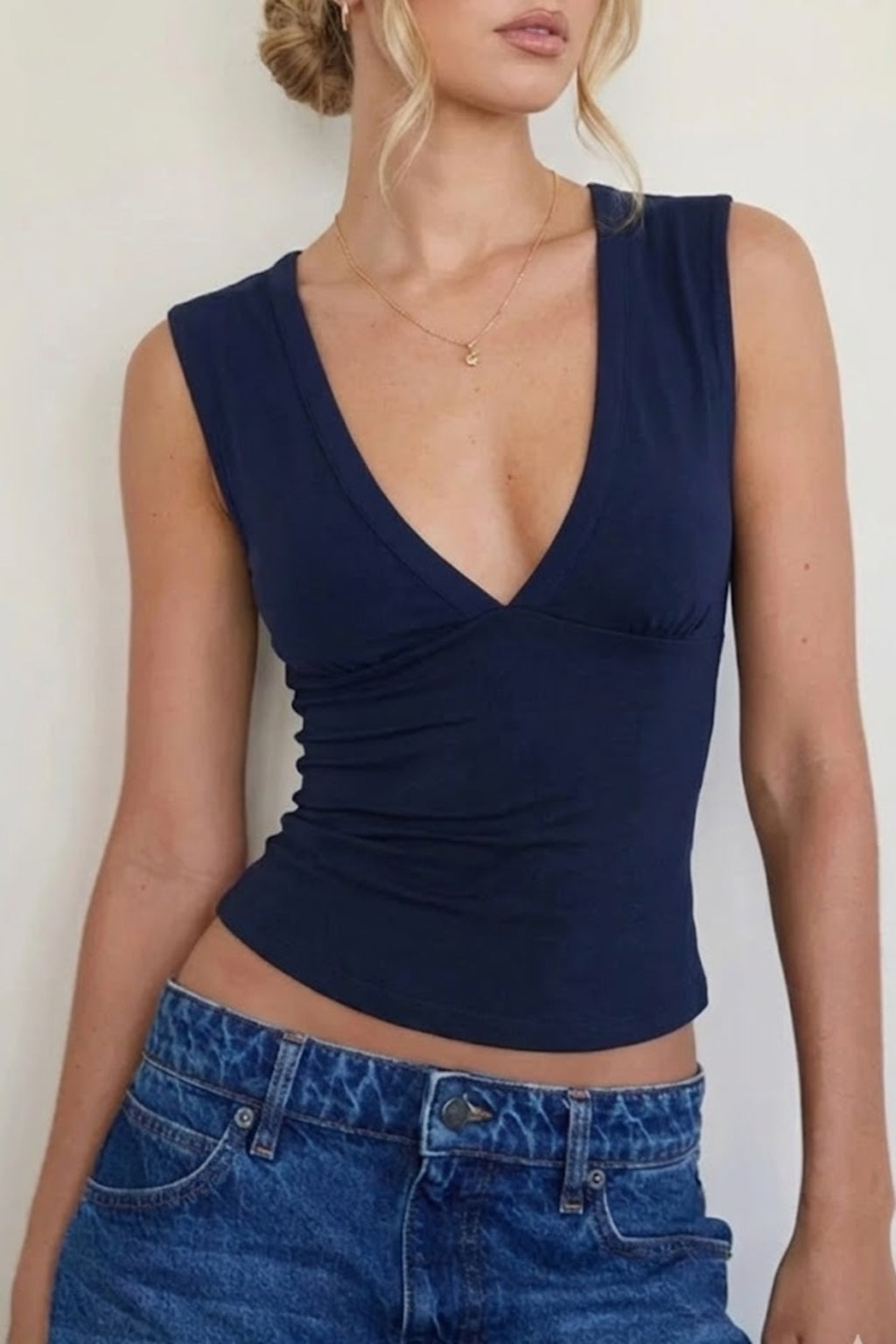 V Yaka Esnek Crop Top Bluz WFT8070B - Lacivert - Görsel 2