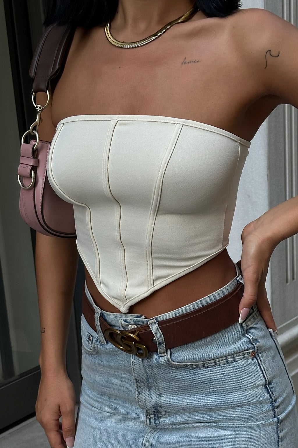 1820 Straplez Fermuar Detaylı Crop - Taş - Görsel 2