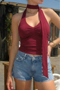 V Yaka Önü Büzgülü Boyundan Kuşaklı Crop Top Bluz 7074 - Bordo - Görsel 1