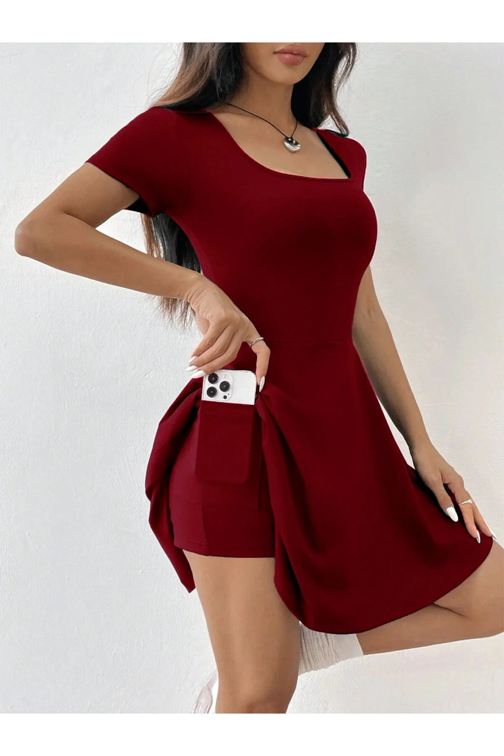 Kadın Trend U Yaka Şortlu Elbise - Bordo - Görsel 2