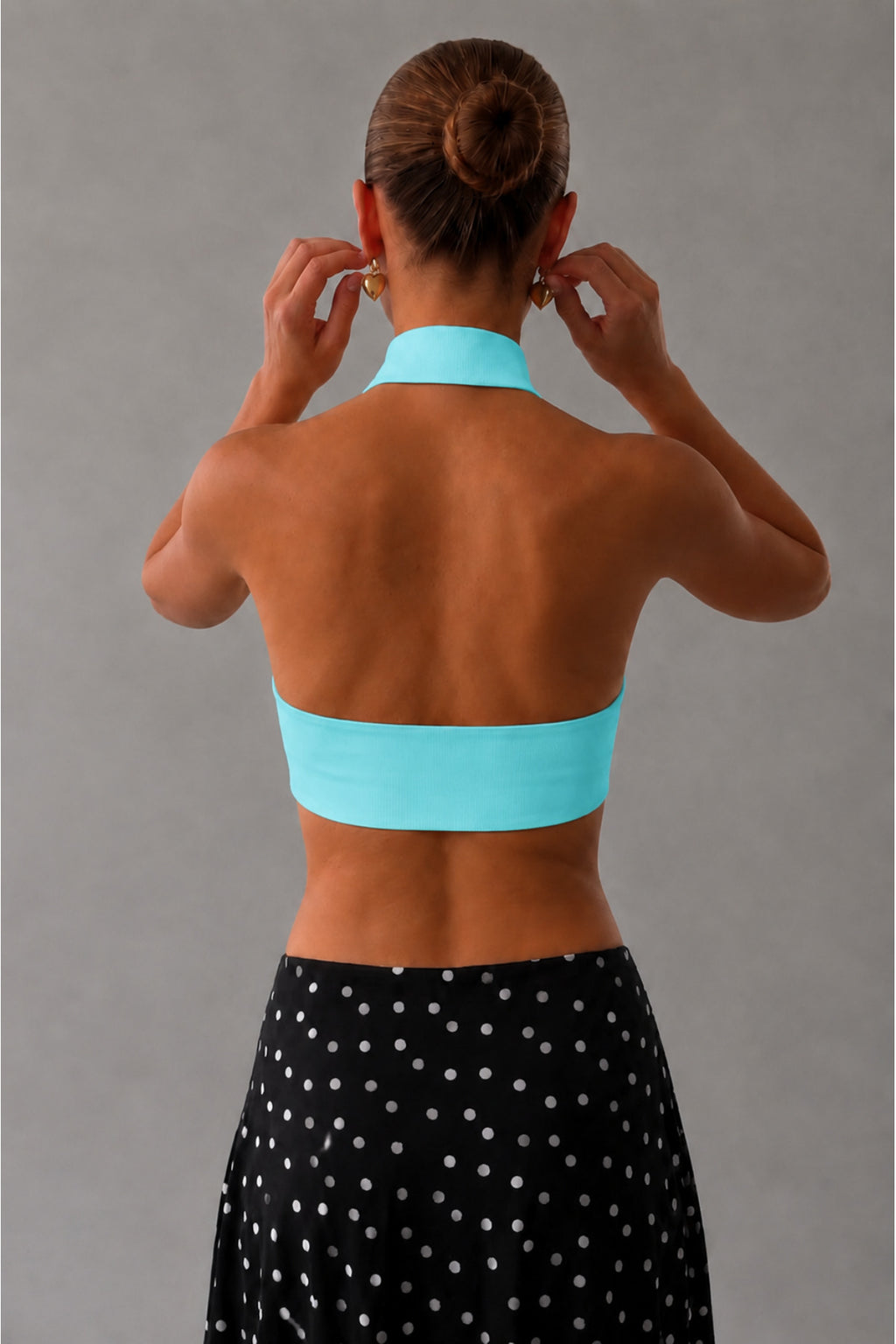 Halter Yaka Çift Kat Crop Top - Turkuaz - Görsel 4