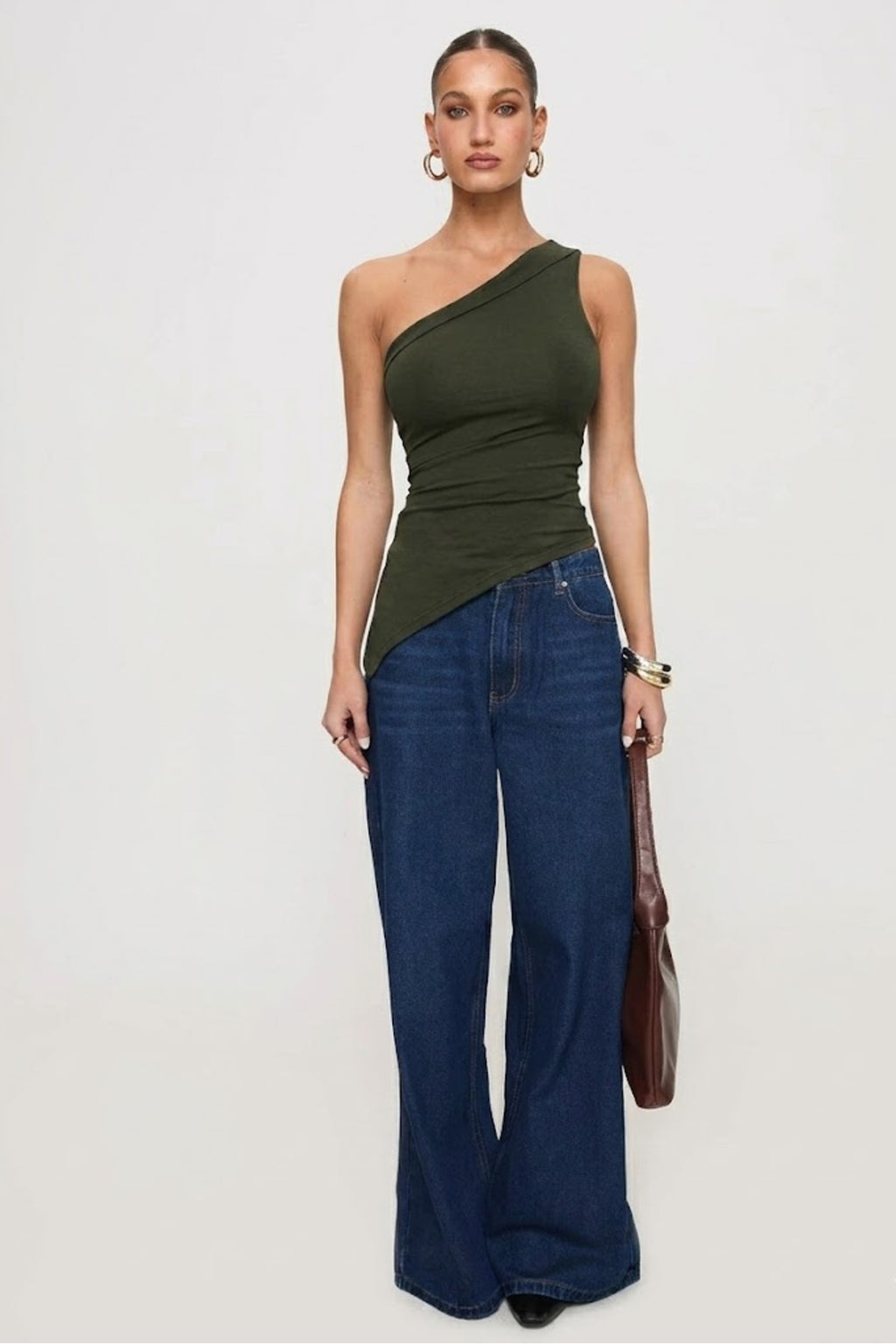 5058 ASİMETRİK ESNEK CROP TOP BLUZ - Haki - Görsel 3