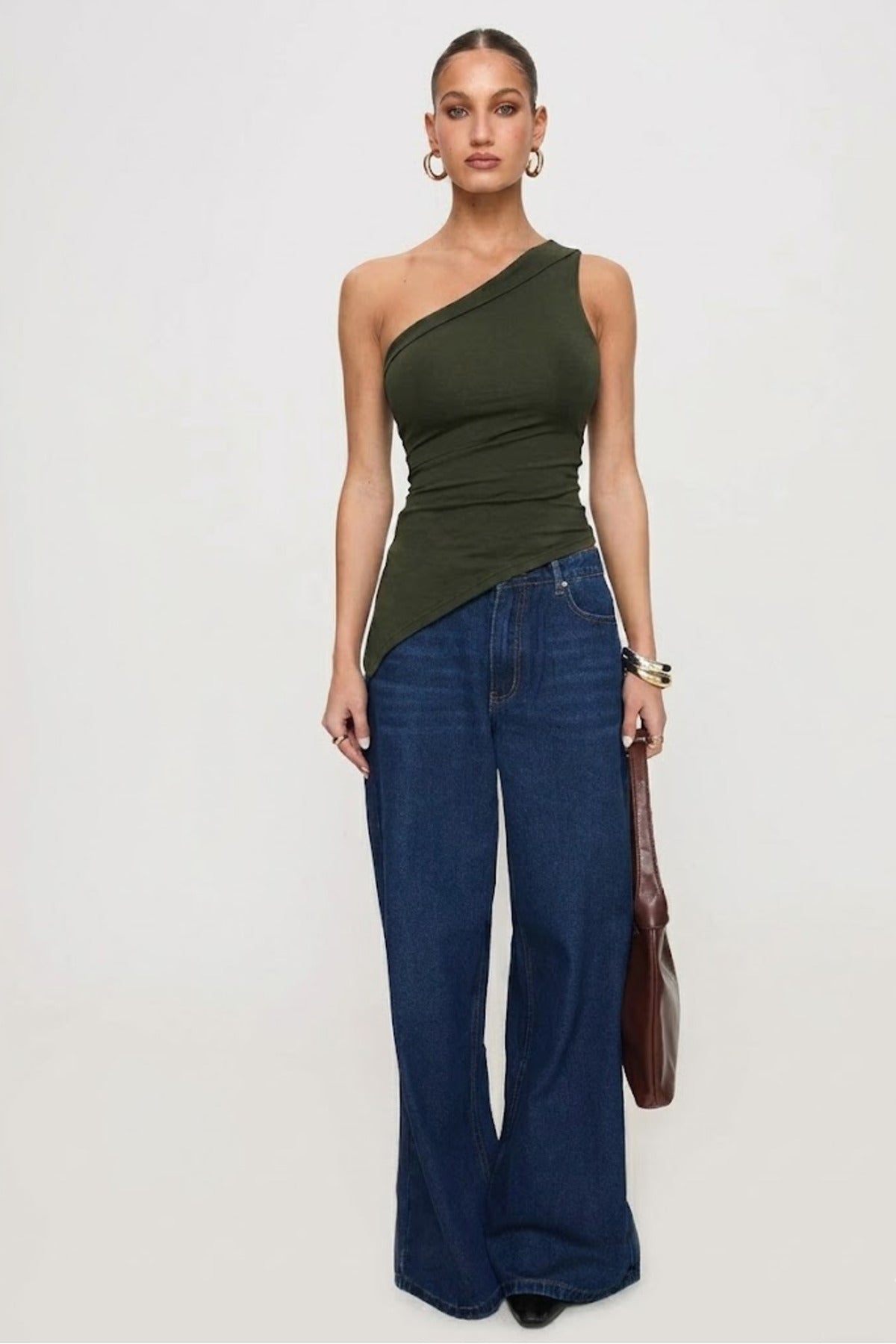 5058 ASİMETRİK ESNEK CROP TOP BLUZ - Haki - Görsel 3
