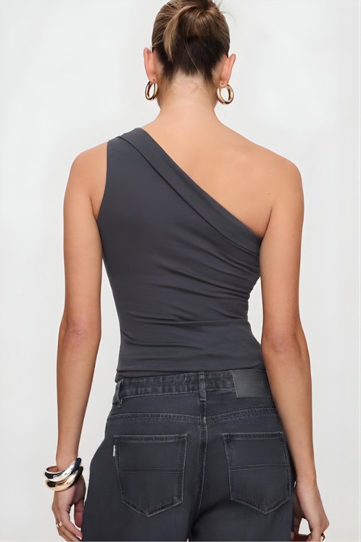 5058 ASİMETRİK ESNEK CROP TOP BLUZ - Füme - Görsel 2