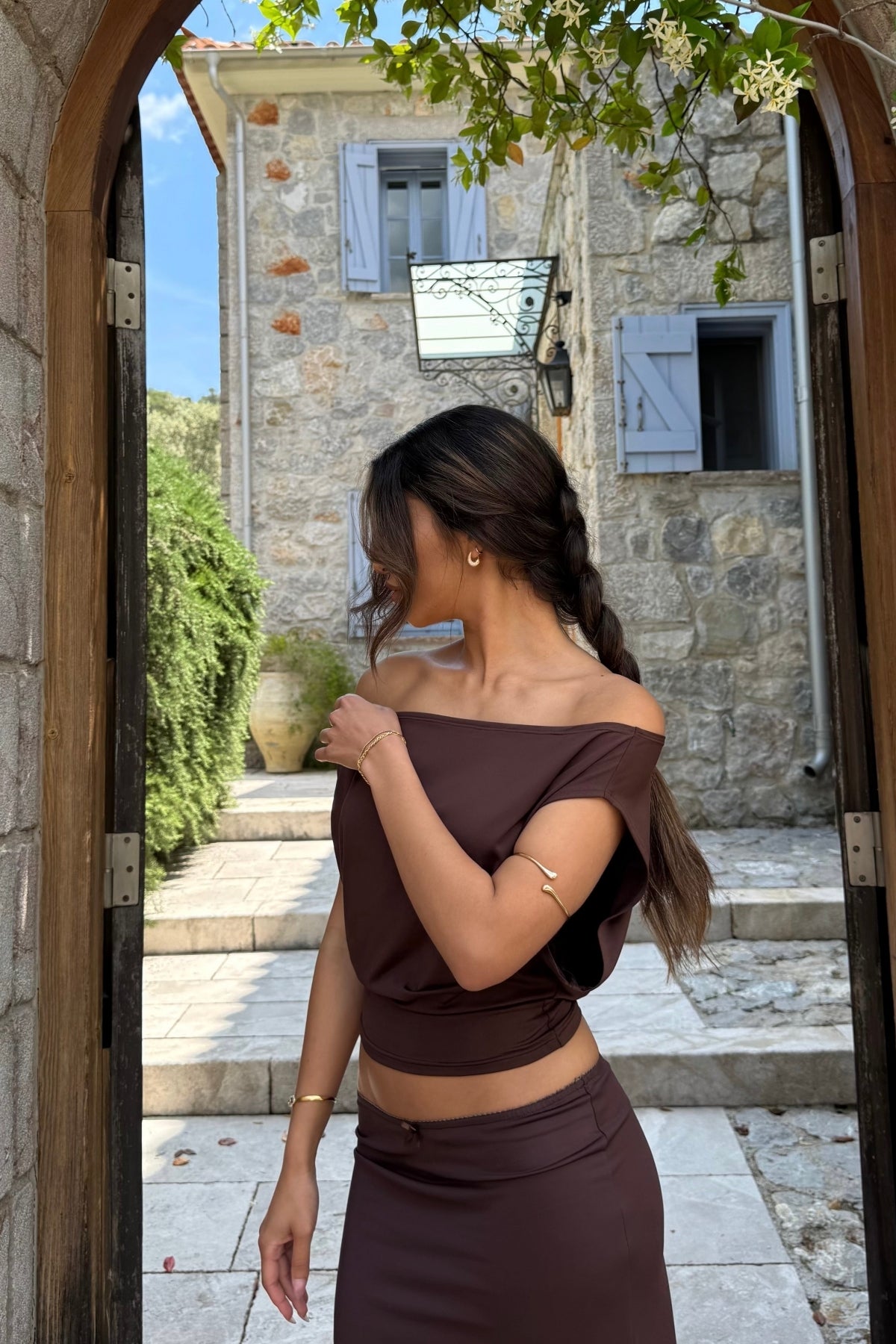 Ultra Soft Premium Kumaş Bele Oturan ESNEK Crop Top Bluz - Kahverengi - Görsel 5