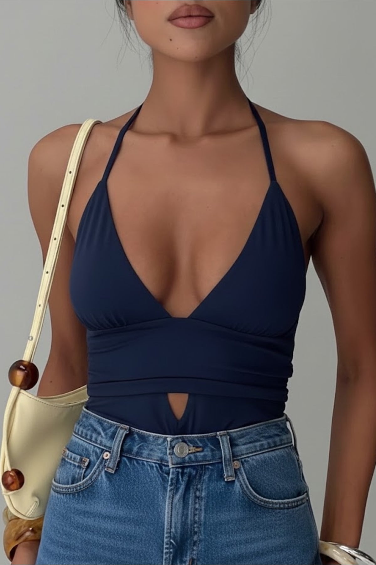 Boynu Bağcıklı Göğsü Çift Kat Crop Bluz WFT8048 - Lacivert - Görsel 2