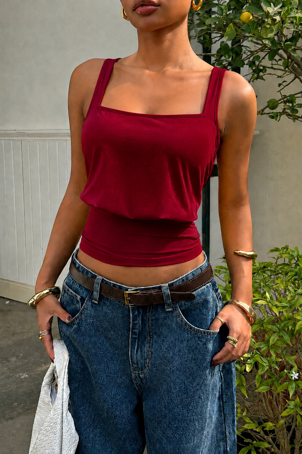 Bele Oturan Kare Yaka Esnek Crop top bluz - Bordo - Görsel 2