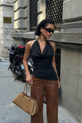 9068 Boynu İpli Eteği Asimetrik Degaje Crop Bluz - Siyah - Görsel 1