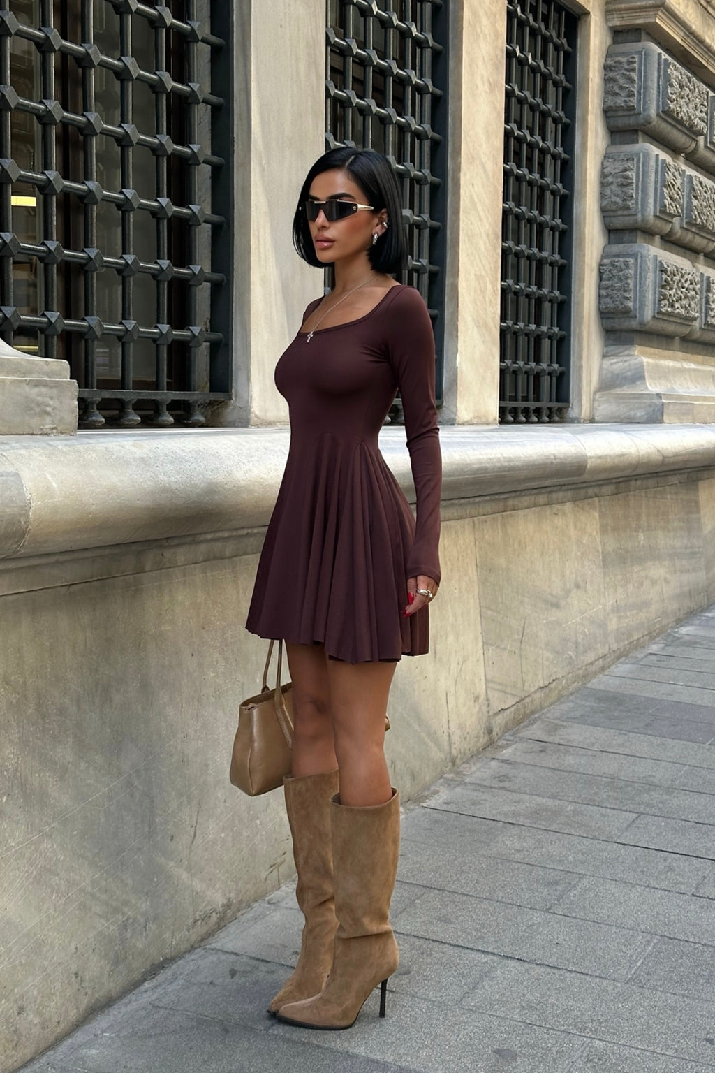 Kare Yaka Uzun Kollu Mini Elbise - Kahverengi - Görsel 4