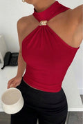 Halter Yaka Aksesuar Detaylı Crop Bluz - Kırmızı - Görsel 1
