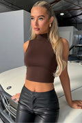 WFT5035 yarım Balıkçı Kolsuz Esnek Kumaş Crop Top Bluz - Kahverengi - Görsel 1
