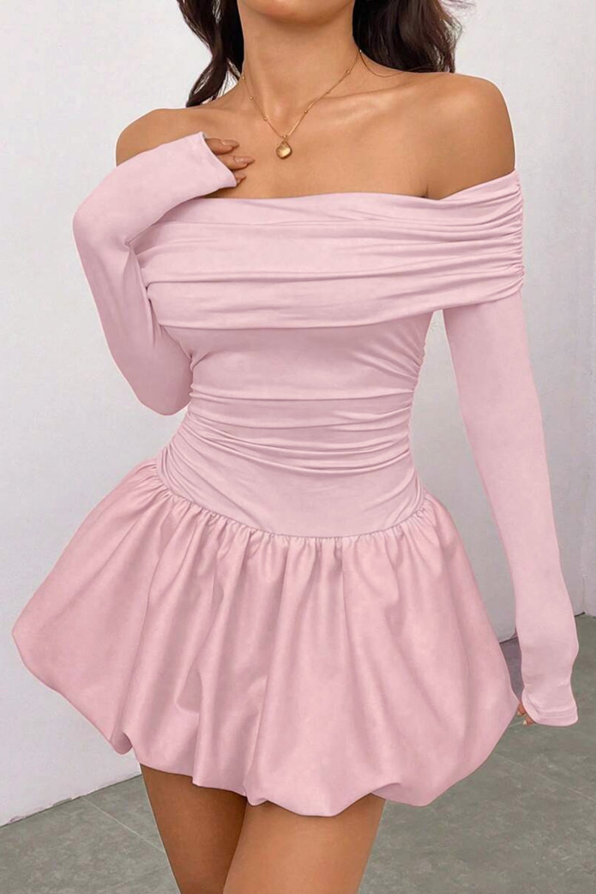 Madonna Yaka Balon Etek Mini Elbise - Pembe - Görsel 1