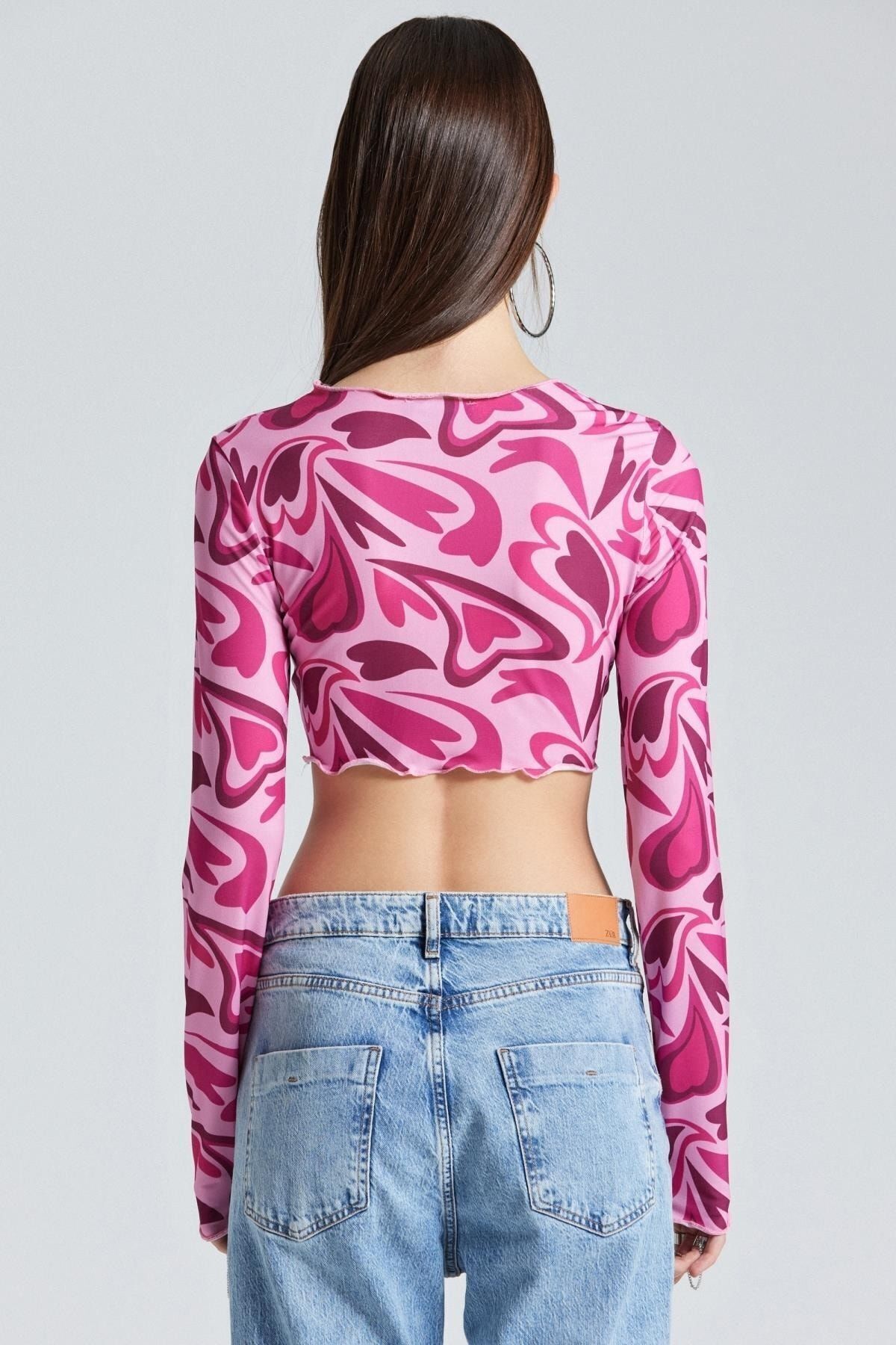 Kalp Desenli Pembe Crop - Pembe - Görsel 5