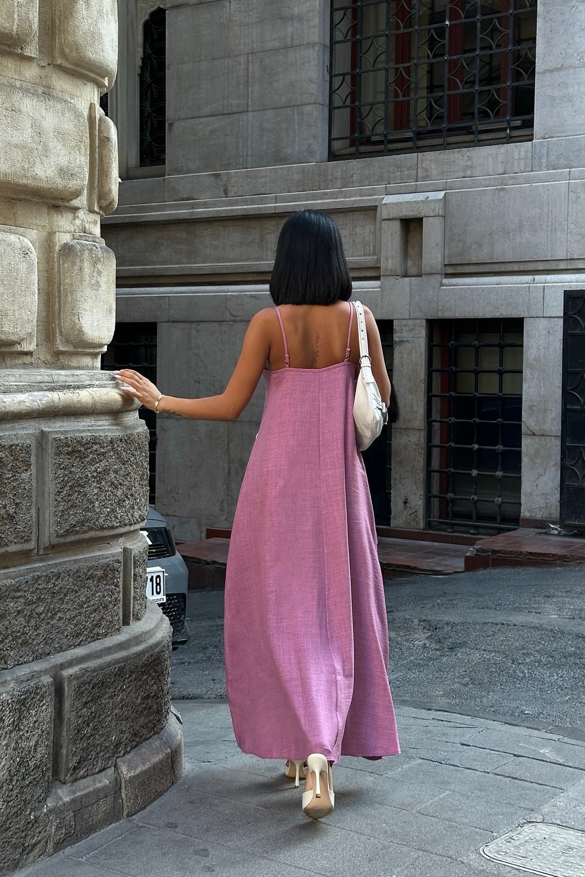 Look Kumaş Ayarlanabilir Askılı Uzun Elbise - Pembe - Görsel 4