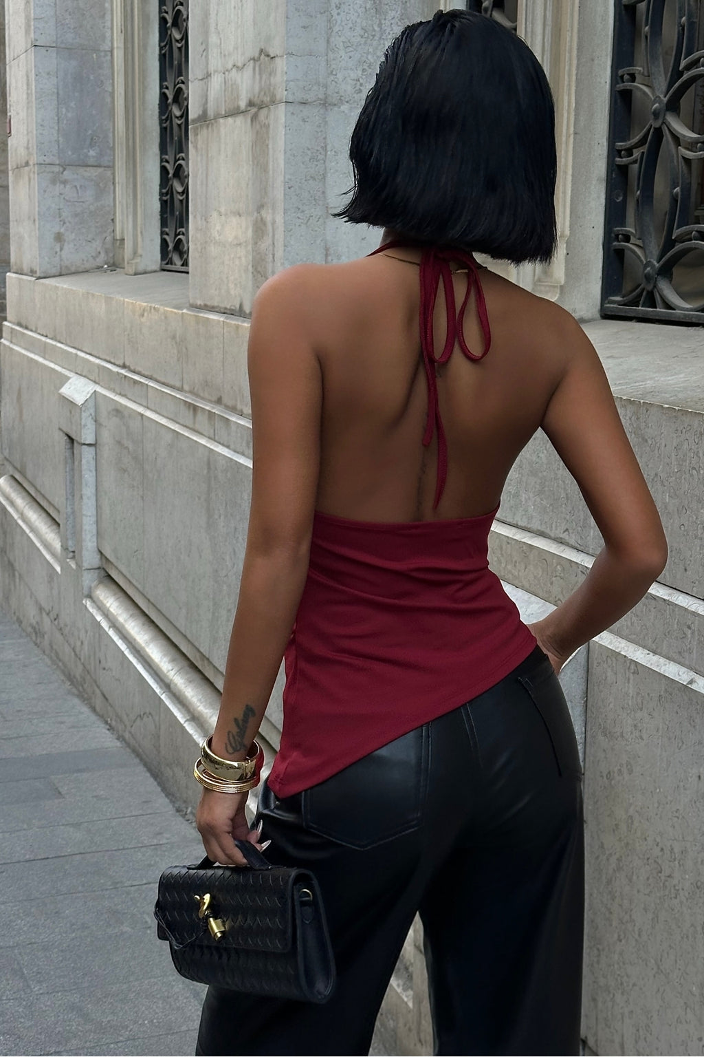9068 Boynu İpli Eteği Asimetrik Degaje Crop Bluz - Bordo - Görsel 3