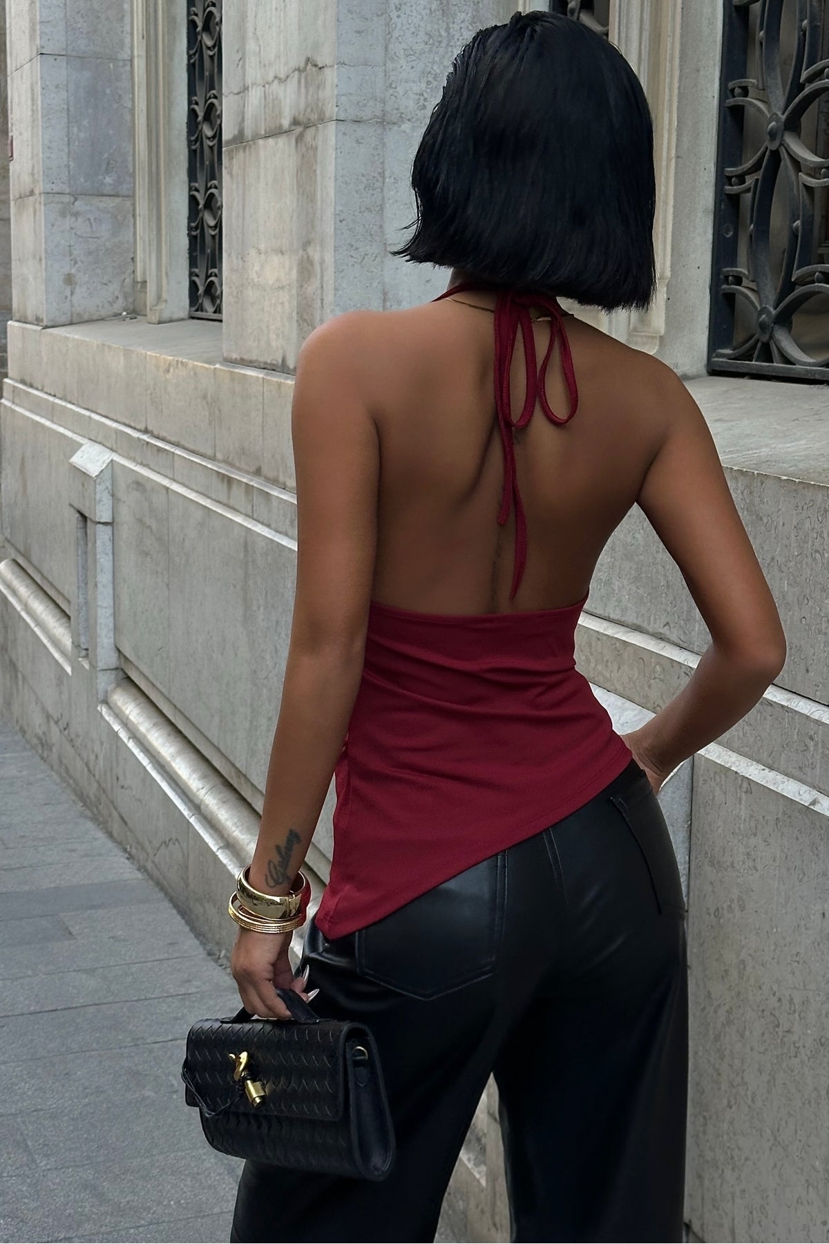 9068 Boynu İpli Eteği Asimetrik Degaje Crop Bluz - Bordo - Görsel 3