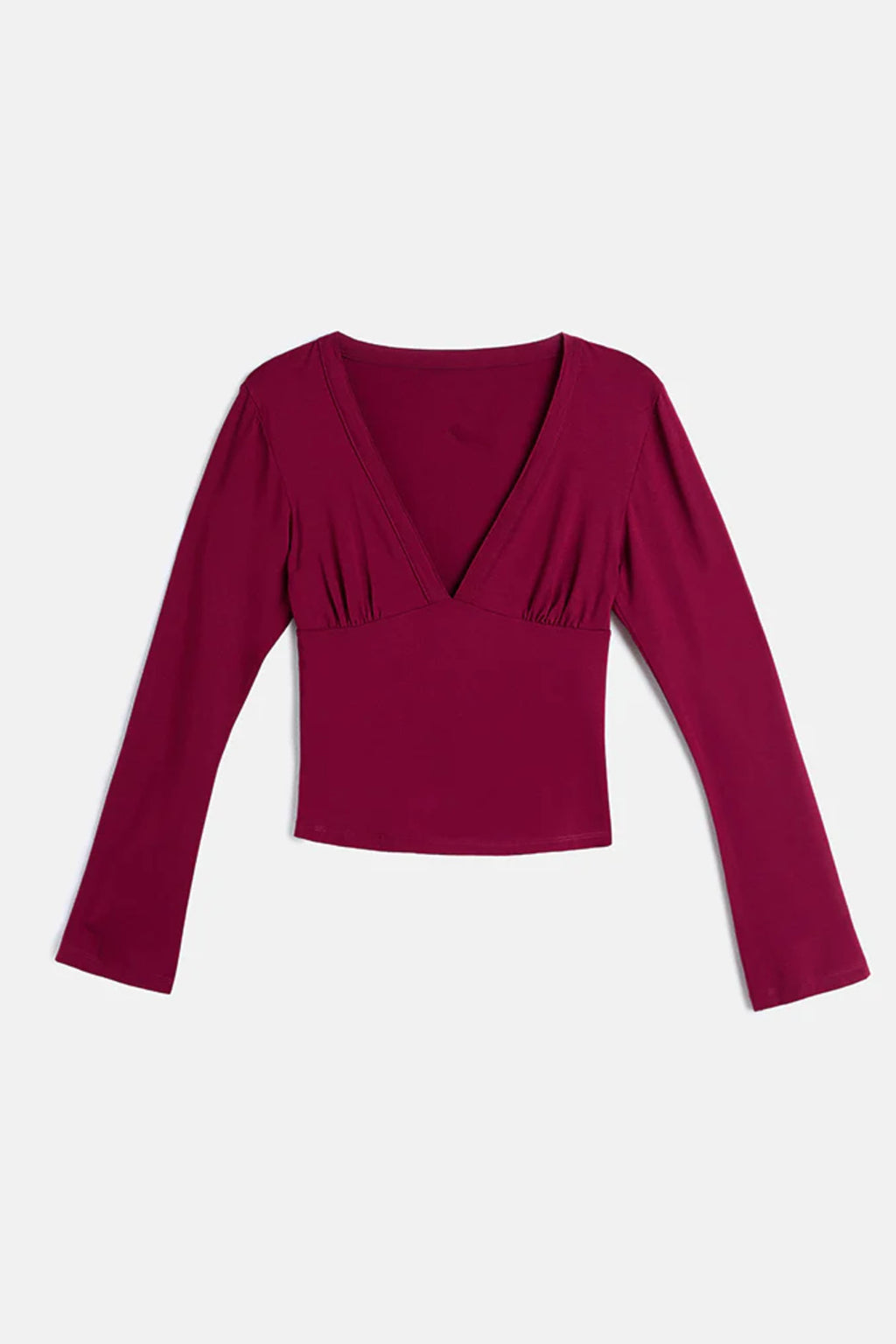 V Yaka Esnek Uzun Kollu Top Bluz - Bordo - Görsel 4