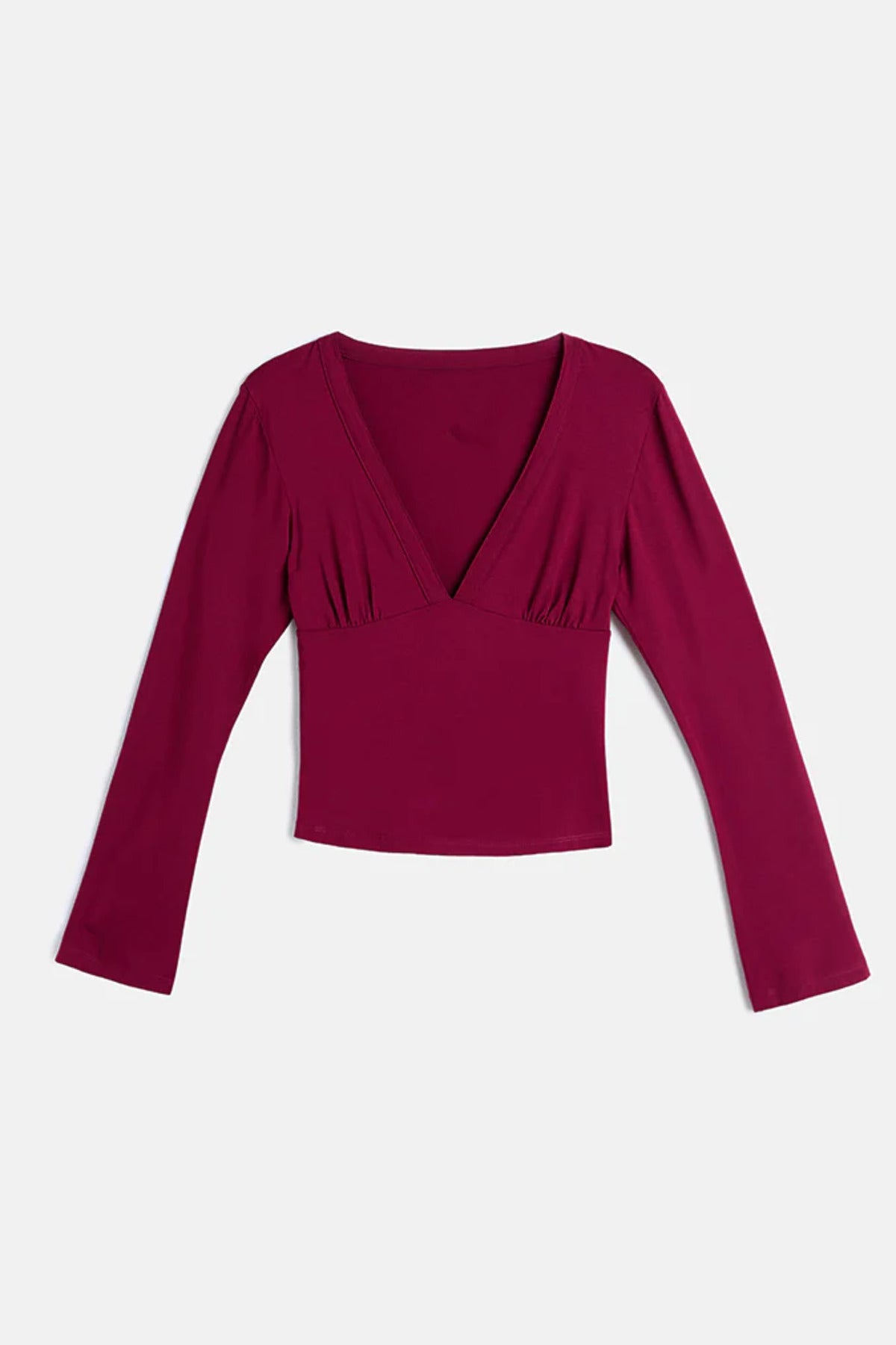 V Yaka Esnek Uzun Kollu Top Bluz - Bordo - Görsel 4