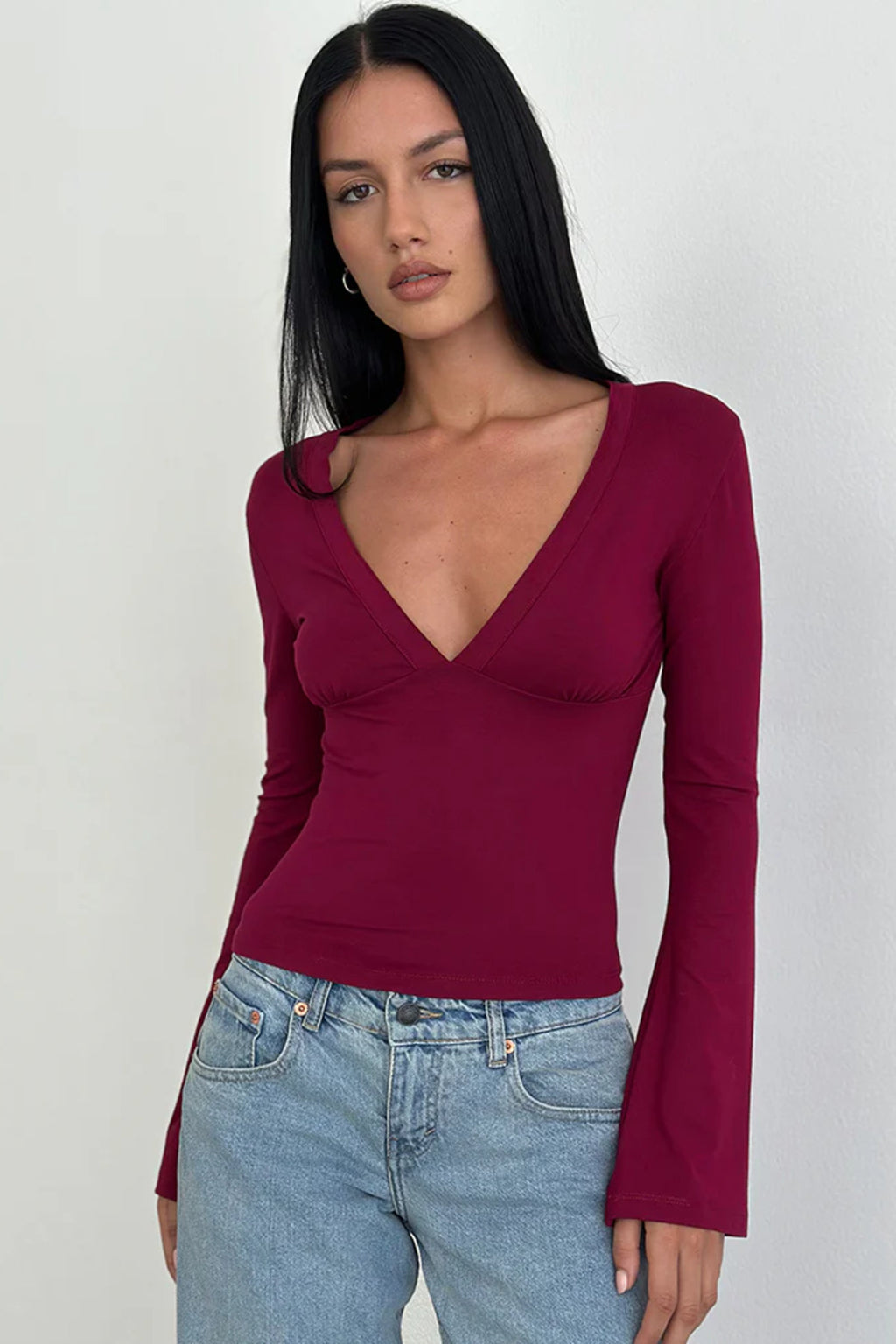 V Yaka Esnek Uzun Kollu Top Bluz - Bordo - Görsel 3