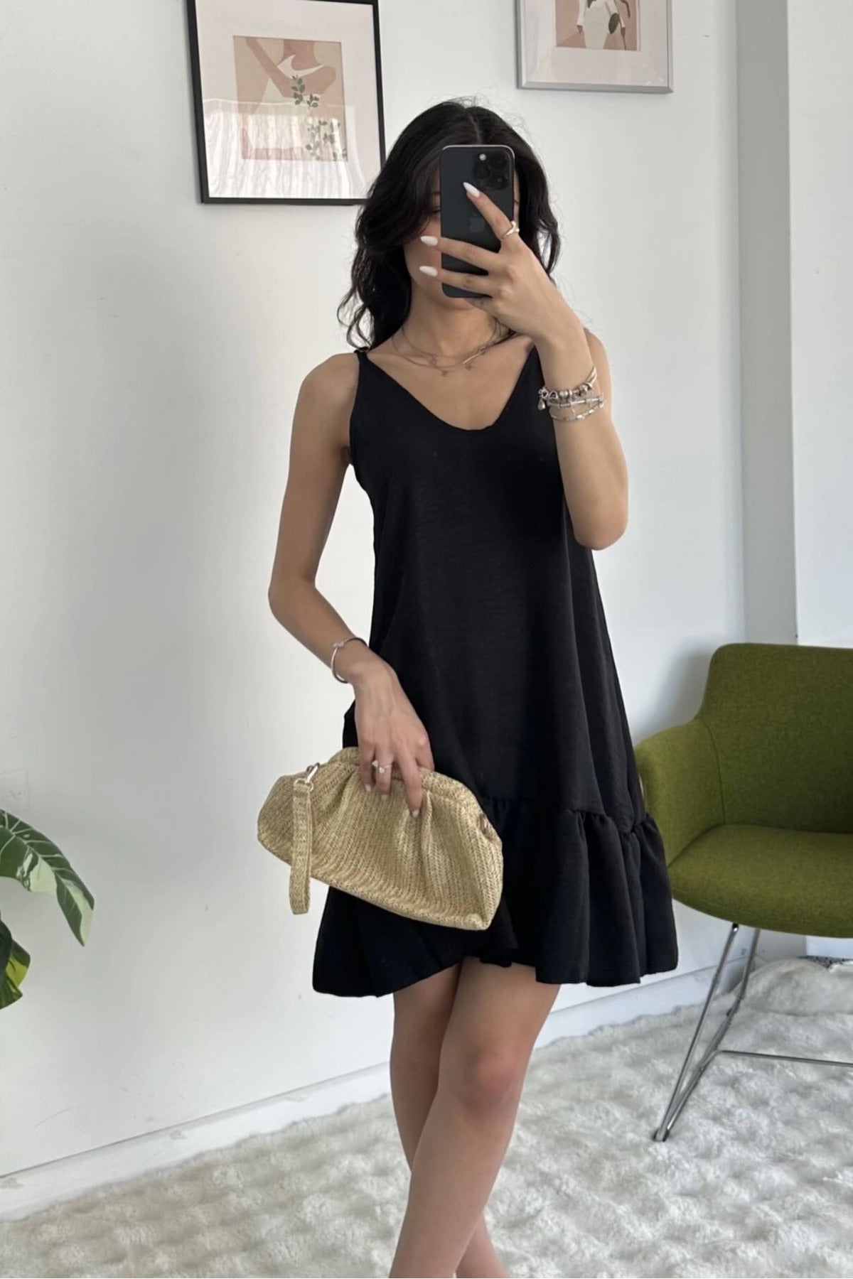 KETEN Look Kumaş DEKOLTESİ Ayarlanabilir Askılı DOKUMA Elbise - Siyah - Görsel 3