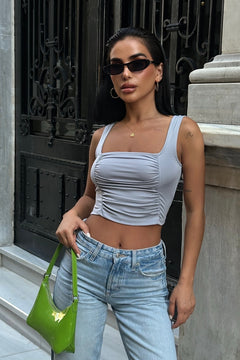 Ön ve Arkası Büzgülü Toparlayıcı Esnek Crop – Gri