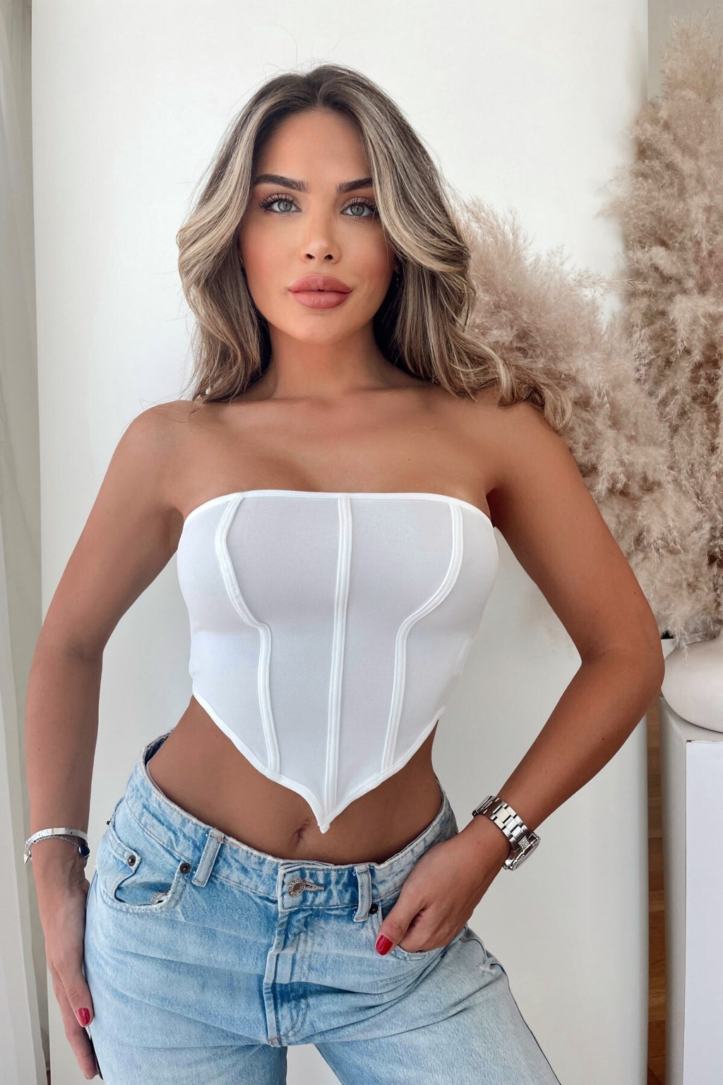 1820 Straplez Fermuar Detaylı Crop - Beyaz - Görsel 1