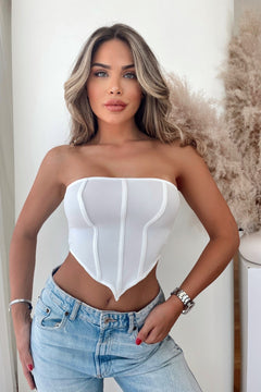1820 Straplez Fermuar Detaylı Crop - Beyaz