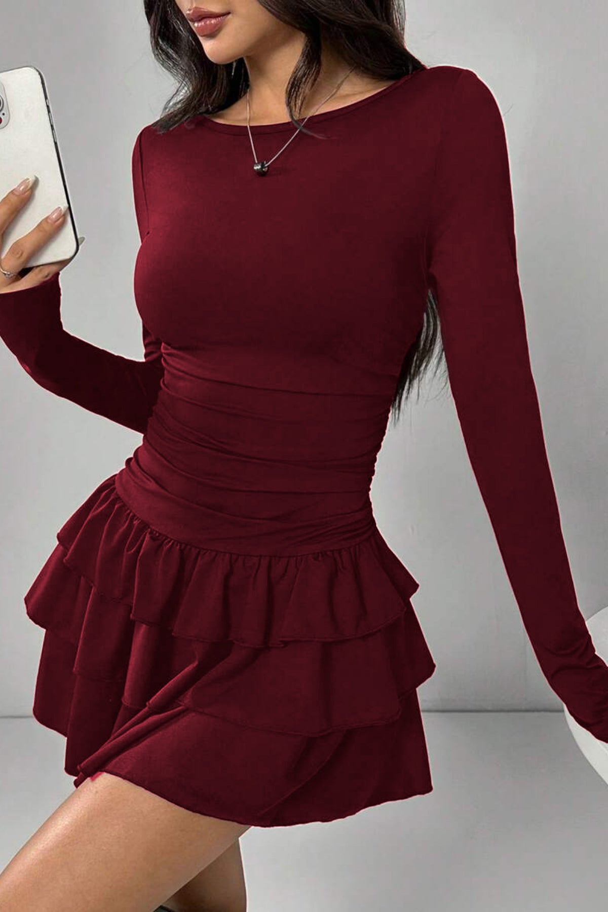 Eteği Kat Kat Volanlı Mini Elbise - Bordo - Görsel 3