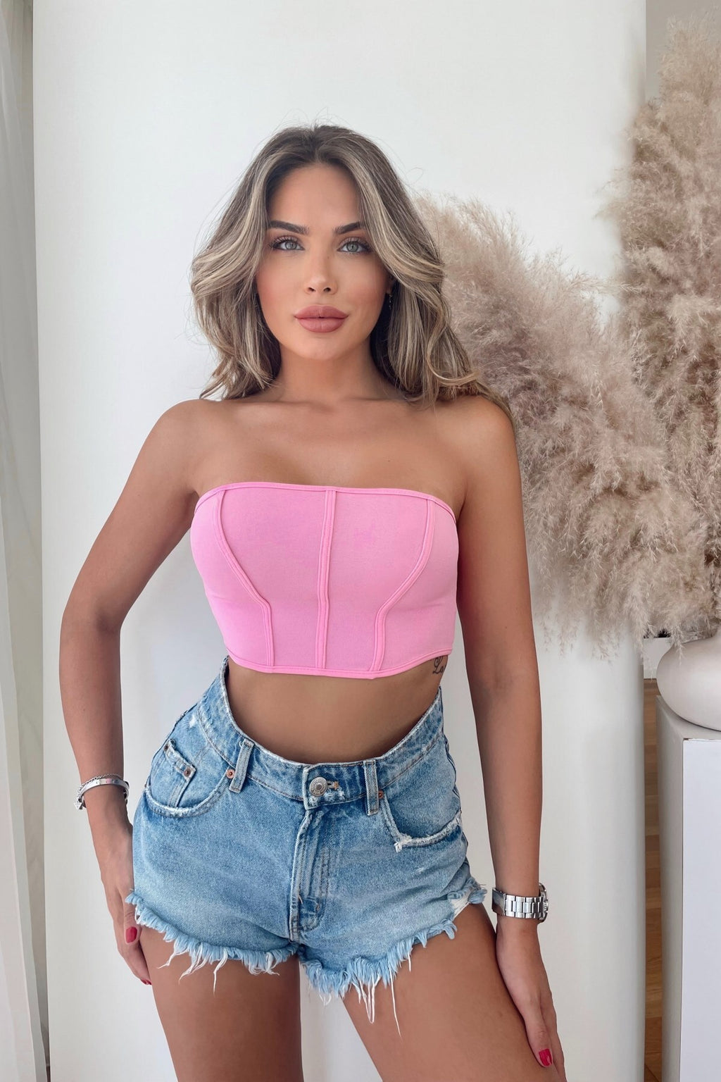 1732 Arkası Fermuarlı Crop Bluz - Pembe - Görsel 8