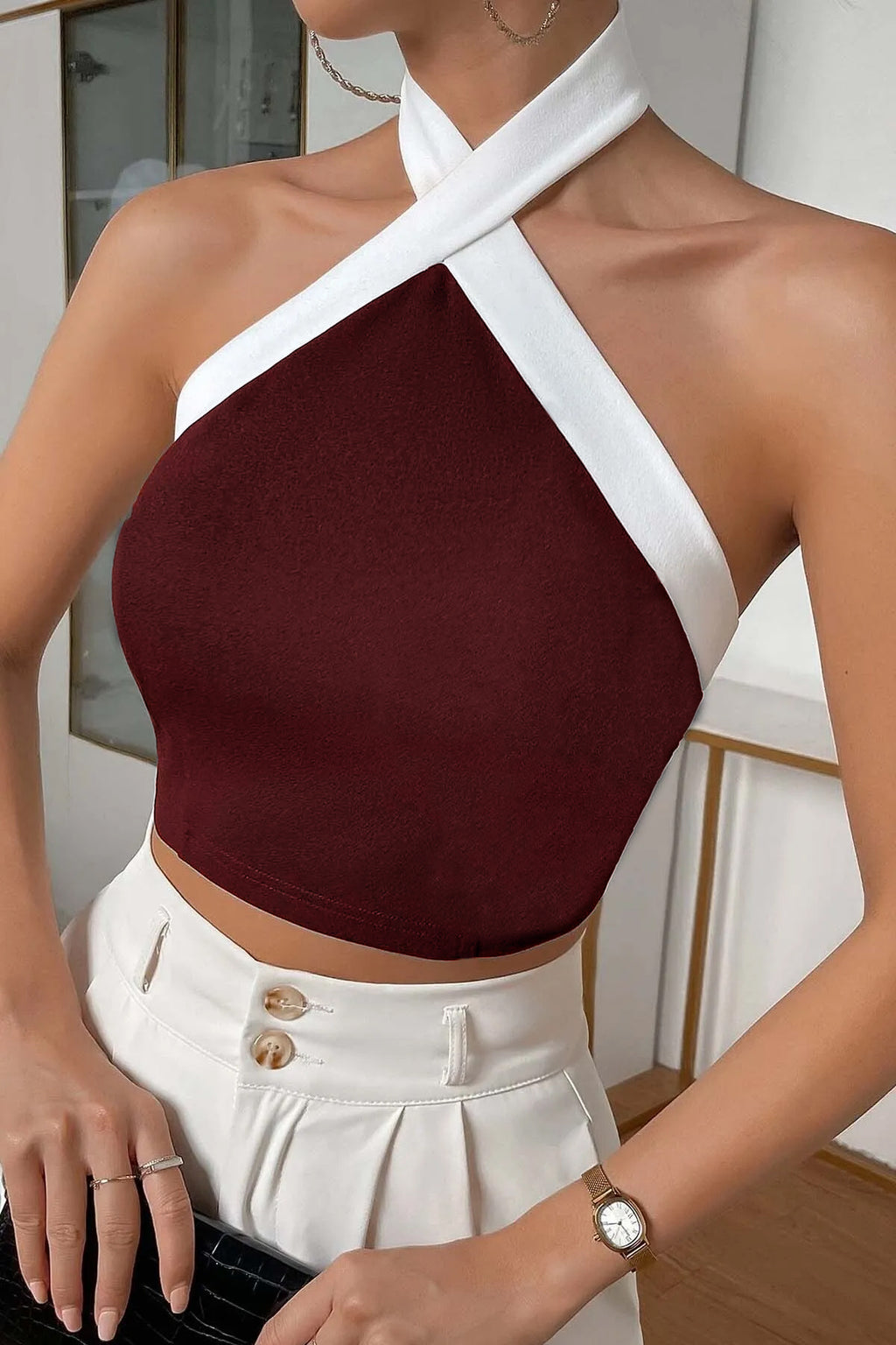 Boyundan Bağlamalı Kısa Crop Bluz - Bordo - Görsel 2