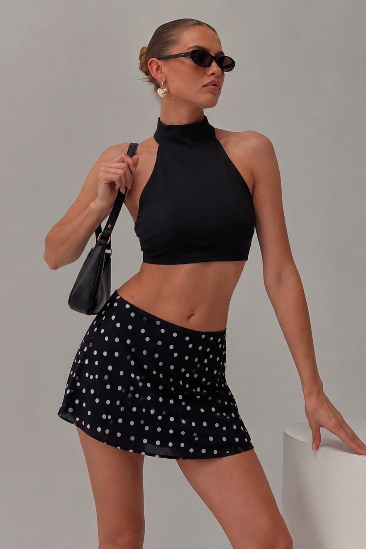 Halter Yaka Çift Kat Crop Top - Siyah - Görsel 3