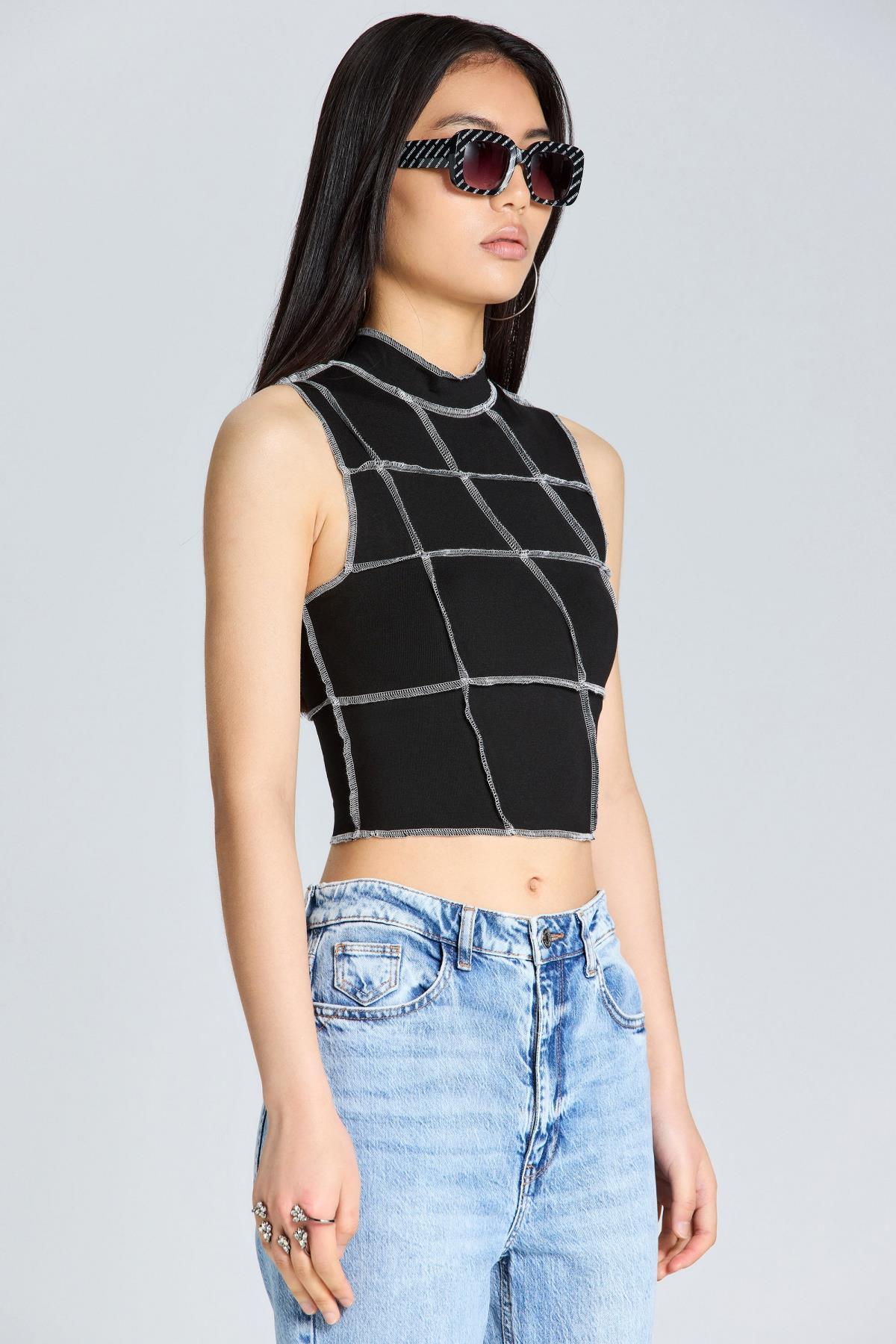 1545 Çok Parçalı Crop Bluz - Siyah - Görsel 3