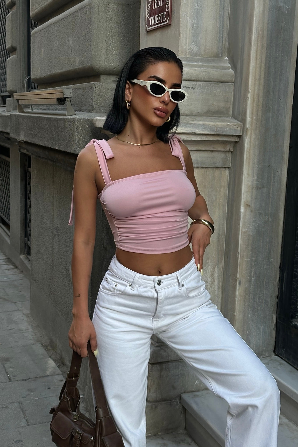 WFT5023B Fiyonklu Geniş Askılı Crop Bluz - Pembe - Görsel 2
