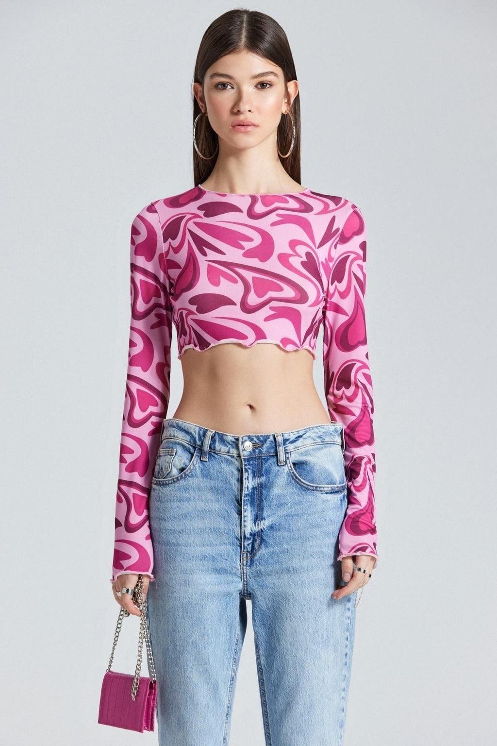 Kalp Desenli Pembe Crop - Pembe - Görsel 1