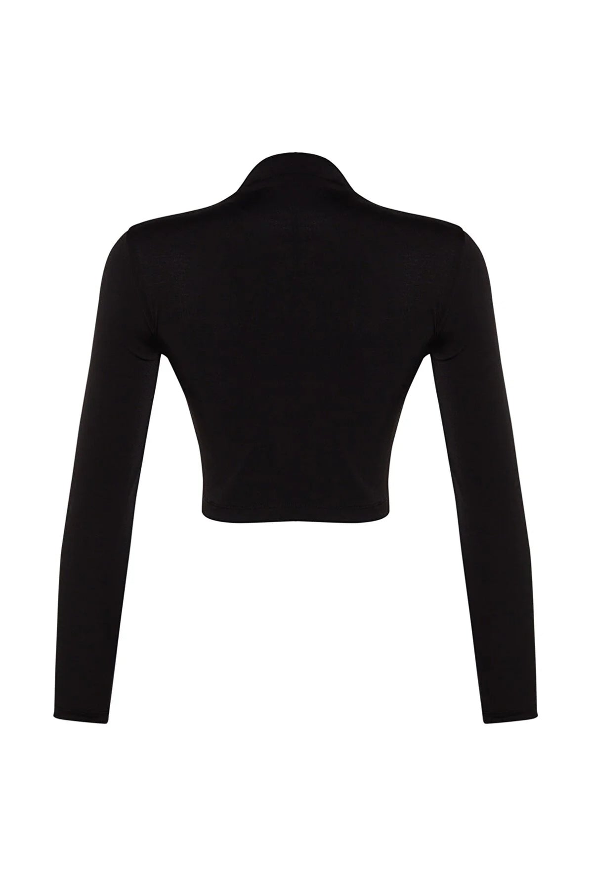 Siyah Dik Yaka Drapeli Crop Bluz - siyah - Görsel 4